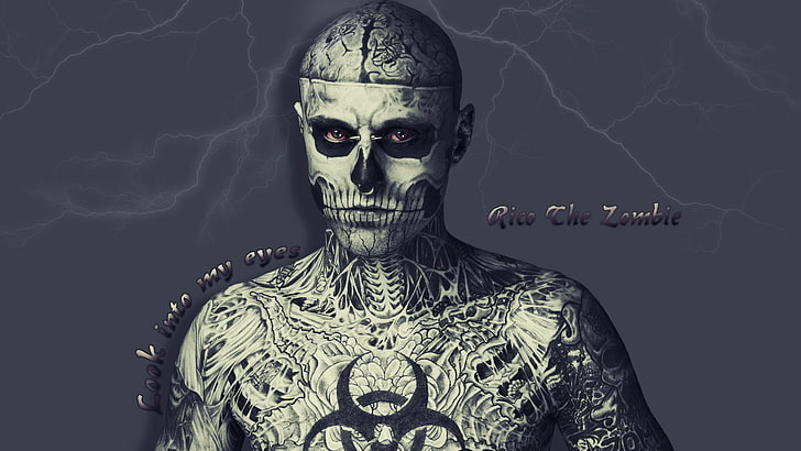 бял и черен череп илюстрация, очи, мълния, татуировка, Рико, зомбито, човешки скелет, HD тапет