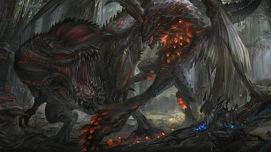 dois monstros alienígenas frente a frente ilustração, videogame, Monster Hunter, Monster Hunter: World, Arte de Video Game, dragão, odogaron, HD papel de parede HD wallpaper