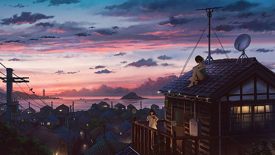 Japón, arte digital, calma, puesta de sol, nubes, mar, Fondo de pantalla HD HD wallpaper