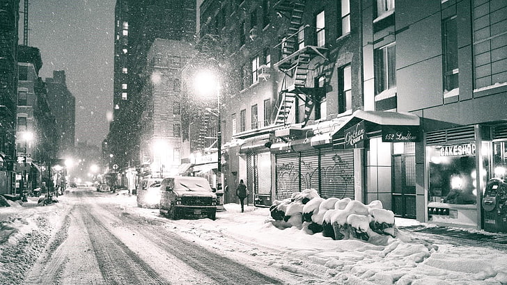 монохромный, сша, снимок, нью-йорк, центр города, черно-белый, китайский квартал, манхэттен, нью-йорк, монохромная фотография, зима, ночь, дорога, снег, снежный, уличные фонари, уличный свет, snofall, снег, улица, HD обои