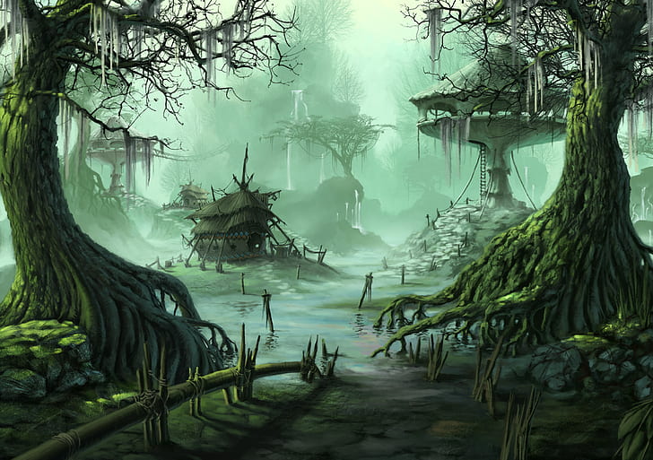 Stadt, Fantasie, Sumpf, Bäume, Dorf, HD-Hintergrundbild