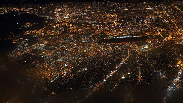 fotografia aerea di grattacieli di notte, città, notte, luci, veduta aerea, Sfondo HD