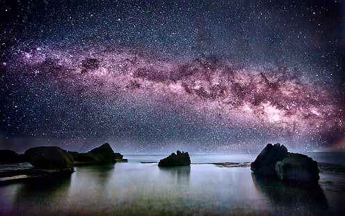 Млечен път, гледано в Австралия, лилаво сияние, полярно сияние, природа, 2560x1600, нощ, звезда, галактика, Австралия, млечен път, HD тапет HD wallpaper