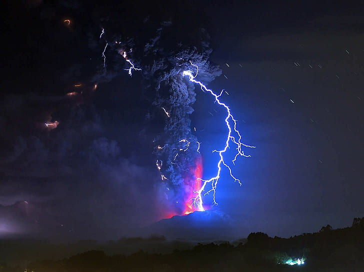volcano, lightning, nature, HD wallpaper