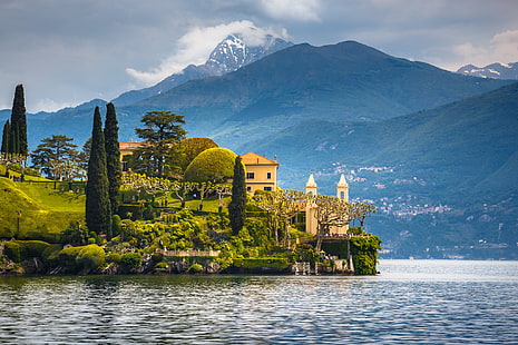 drzewa, jezioro, dom, Włochy, Como, Tapety HD HD wallpaper
