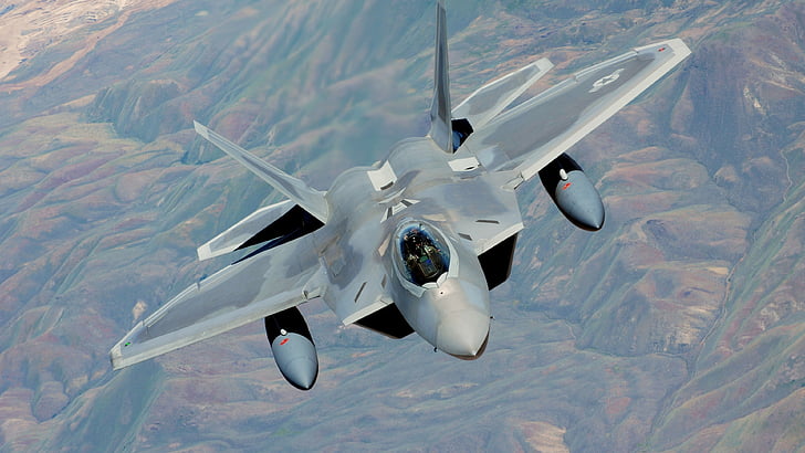 foto di un aereo bianco, F-22, Rapace, Lockheed, Martin, stealth, combattente di superiorità aerea, US Air Force, montagna, Sfondo HD