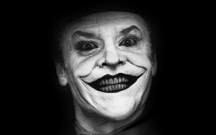 Foto The Joker grayscale, Jack Nicholson, Joker, Batman, satu warna, tersenyum, wajah, aktor, film, Wallpaper HD