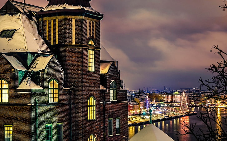 коричневое бетонное многоэтажное здание, город, Стокгольм, Швеция, HD обои