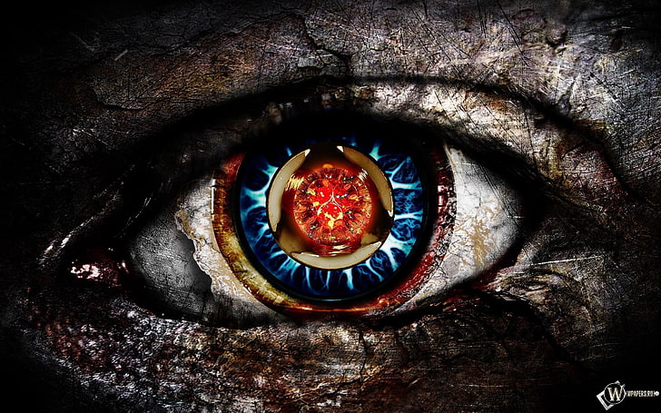 pintura multicolor del ojo humano, ojos azules, ojos rojos, anime, obras de arte, arte digital, textura, arte de fantasía, manipulación de fotos, ojos, creatividad, círculo, Fondo de pantalla HD