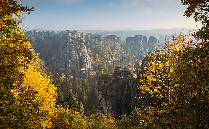 View from the Bastei, Autumn, Seasons, Autumn, Travel, Nature, Landscape, Yellow, Scenery, Trees, Tree, Mountains, Photography, Germany, Fall, Europe, Sandstone, Photo, Bastei, Elbe, visit, touristattraction, ElbeSandstoneMountains, SaxonSwitzerland, BastionViews, HD wallpaper