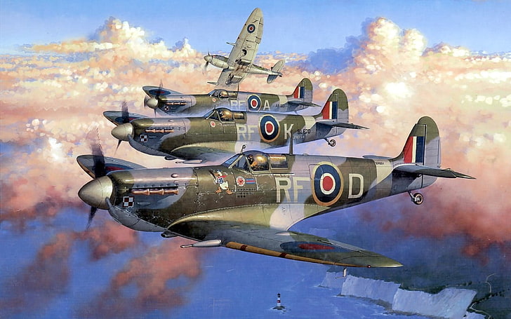 แอปพลิเคชั่นเกมเครื่องบินต่อสู้สีเทาและดำสงครามโลกครั้งที่สองการทหารเครื่องบินเครื่องบินทหารสหราชอาณาจักรเครื่องบินพ่นไฟ Supermarine Spitfire Royal Airforce Cliffs of Dover, วอลล์เปเปอร์ HD
