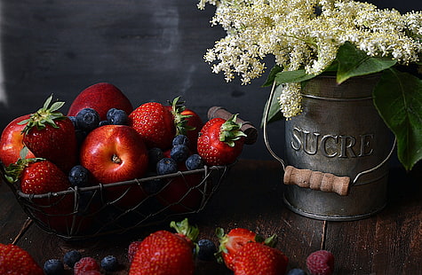 frutta, cibo, bacche, fragole, uva, mele, mirtilli, fiori, Sfondo HD HD wallpaper