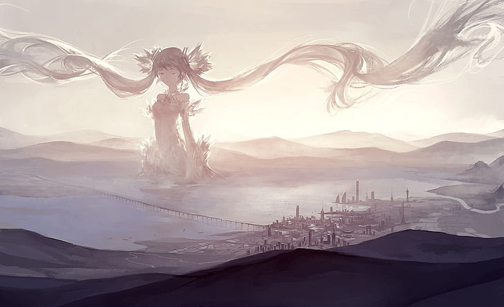 Ilustração de personagem de anime feminino de cabelos compridos, paisagem, Hatsune Miku, Vocaloid, gigante, HD papel de parede