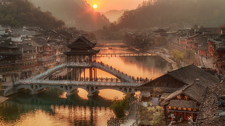 vila, cidade, canal, cidade antiga de fênix, ponte, cidade antiga de fênix, cidade velha de fênix, hunan, china, fenghuang, xiangxi, HD papel de parede
