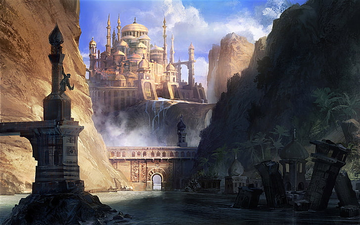 beige castle digital wallpaper, mountains, the city, river, rocks, people, art, arch, ruins, Prince of Persia, The Forgotten Sands, HD wallpaper