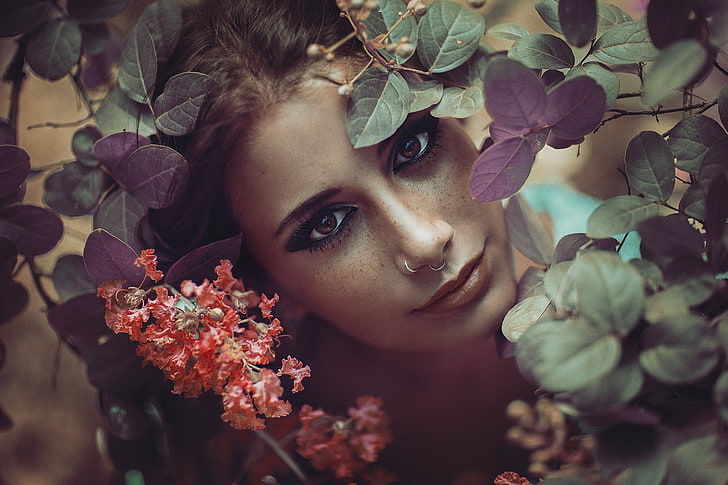 wajah, cincin hidung, wanita, tanaman, Wallpaper HD