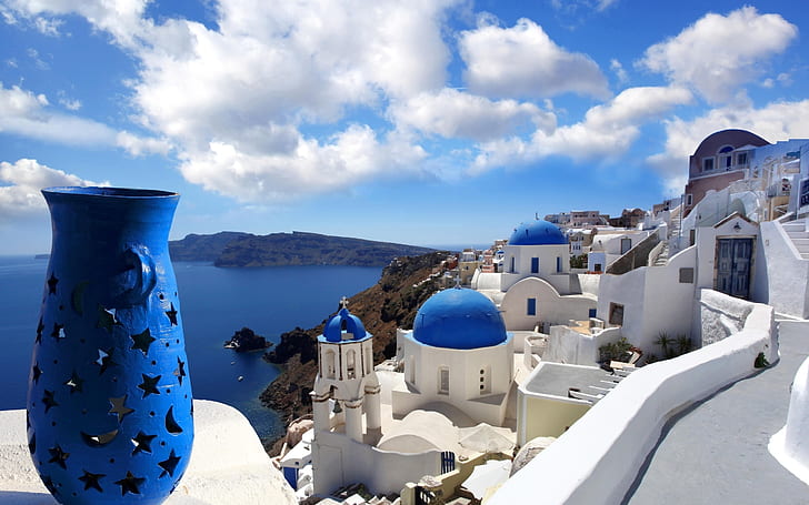 Санторини Гърция, море, синьо, сгради, ваканция, почивка, HD тапет