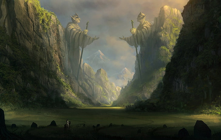 سلسلة جبال مع تمثال تحت خلفية غيوم نيمبوس ، فن رقمي ، وادي ، تمثال ، جبال ، فن خيالي، خلفية HD
