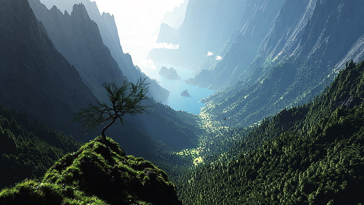 vista panorámica de montañas verdes, cuerpo de agua entre montañas, bosque, valle, árboles, agua, montañas, arte digital, blasfemia digital, naturaleza, paisaje, acantilado, lago, Fondo de pantalla HD