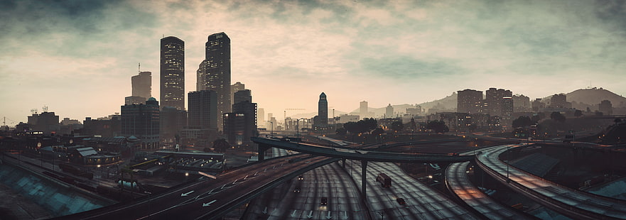 Grand Theft Auto, Grand Theft Auto V, เมือง, Los Santos, ถนน, ท้องฟ้า, ตึกระฟ้า, วอลล์เปเปอร์ HD HD wallpaper