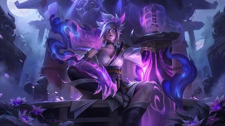 Riven (League of Legends), Riven, League of Legends, spirit blossom, purple background, Riot Games, HD wallpaper