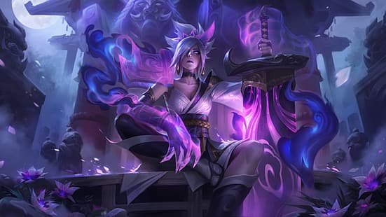  Riven (League of Legends), Riven, League of Legends, spirit blossom, purple background, Riot Games, HD wallpaper HD wallpaper