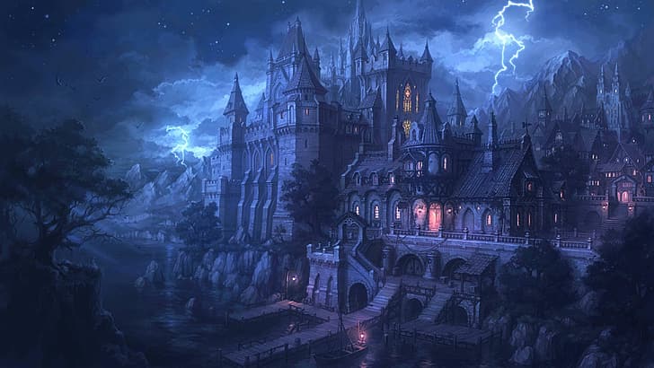 castle, middle ages, thunder storm, night, HD wallpaper