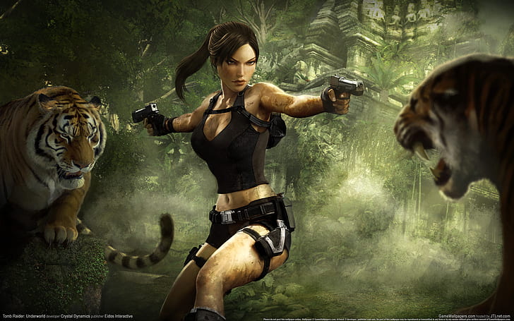 Tomb Raider Underworld Game Widescreen, chica con pistolas y tigres póster, pantalla panorámica, inframundo, tumba, raider, juego, Fondo de pantalla HD