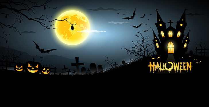 black castle Halloween illustration, house, cemetery, pumpkin, horror, Halloween, scary, midnight, bats, pumpkins, creepy, full moon, graveyard, HD wallpaper