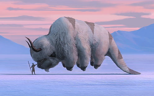 obra de arte, arte de fantasía, Avatar, Avatar: The Last Airbender, Aang, Appa, bisonte, nieve, invierno, animales, criaturas ficticias, personajes ficticios, Fondo de pantalla HD HD wallpaper