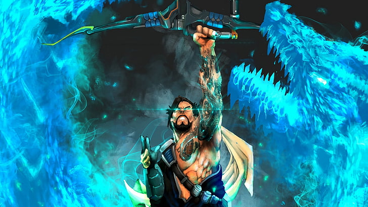 мъж, който държи илюстрация със стрелка, Overwatch, дракон, Hanzo (Overwatch), стрелец, татуировка, видео игри, мъже, тъмна коса, HD тапет