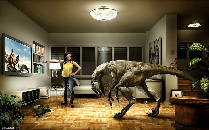 Dinosaurs, Headsets, humor, Meta, room, TV, video games, Virtual Reality, HD wallpaper