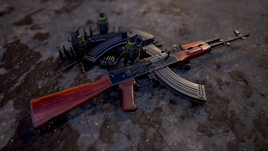 representación, armas, arma, arma, render, Kalashnikov, rifle de asalto, AKM, Fondo de pantalla HD HD wallpaper