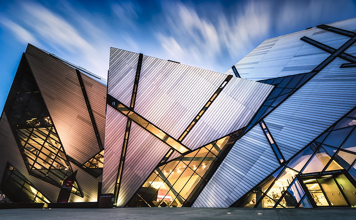 Модерна архитектура HD тапети, синя и кафява бетонна сграда, Архитектура, Град, Модерна, Музей, Торонто, Център, Royal Ontario, RoyalOntarioMuseum, downtown Toronto, HD тапет
