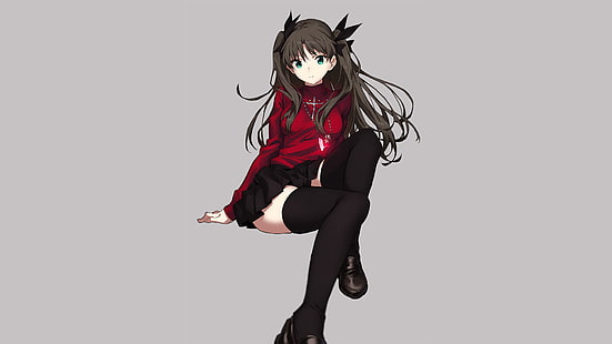 black haired female anime character, legs, anime, anime girls, Tohsaka Rin, Fate Series, thigh-highs, HD wallpaper HD wallpaper