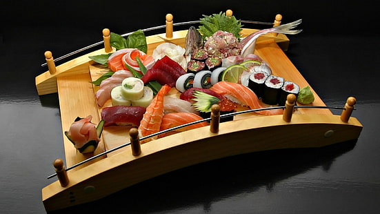 sushi z łososiem i miki, jedzenie, sushi, krewetki, sashimi, Tapety HD HD wallpaper