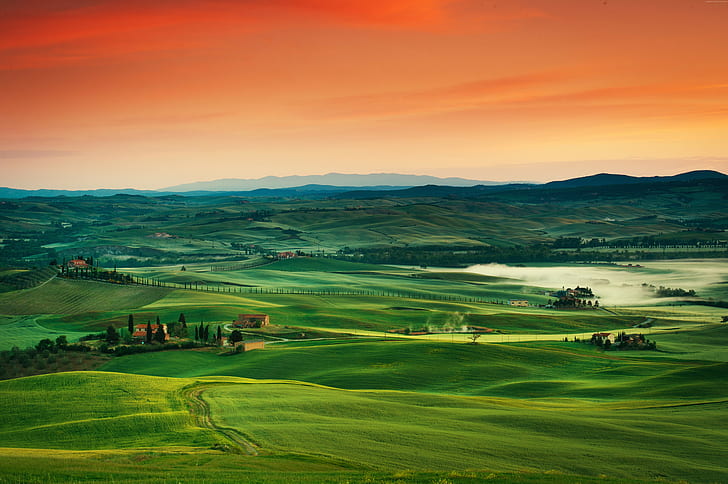 Italie, Toscane, paysage, 8k, coucher de soleil, village, 4k, herbe, champ, ciel, 5k, Fond d'écran HD