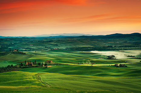 Italia, Toscana, paesaggio, 8k, tramonto, villaggio, 4k, erba, campo, cielo, 5k, Sfondo HD HD wallpaper