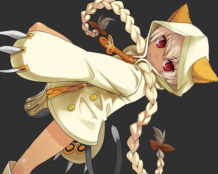 beige haired female anime character illustration, blazblue, taokaka, girl, braid, tail, cat costume, HD wallpaper