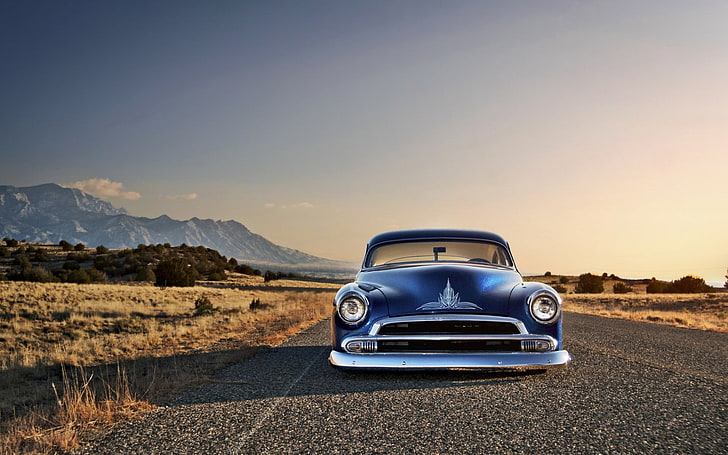 klasyczny niebieski samochód, stary samochód, niebieskie samochody, Chevy, Chevrolet, samochód, Hot Rod, pustynia, Tapety HD