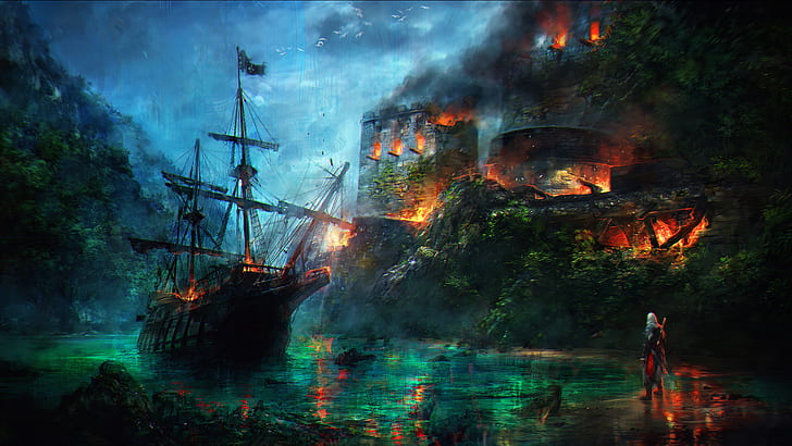 корабль, крепость, ожоги, ассасин, Кредо Убийцы, Черный Флаг, Кредо Убийцы IV: Черный Флаг, HD обои