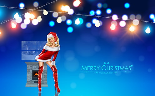 zdjęcie kobiety w stroju świętego mikołaja z nakładką tekstową Wesołych Świąt, Boże Narodzenie, zima, kominek, okno, czapki Mikołaja, kostium Mikołaja, dziewczyna Mikołaja, Tapety HD HD wallpaper