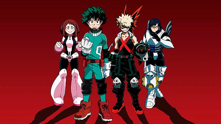 fyra anime karaktär tapeter, Anime, My Hero Academia, Izuku Midoriya, Katsuki Bakugou, Ochaco Uraraka, Tenya Iida, HD tapet