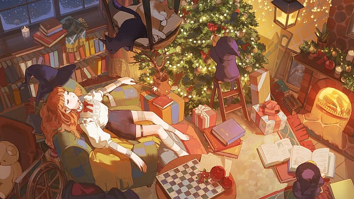 anime girls, high angle, Christmas, chessboard, Christmas tree, interior, Christmas ornaments, cats, Christmas presents, fire, armchair, lying on back, fireplace, teddy bears, wheelchair, bandage, thigh strap, witch hat, Ema3, picture frames, bookshelves, books, reading, closed eyes, sleeping, plush toy, candles, decorations, women indoors, fruit, food, witch, lantern, presents, ladder, box, sitting, HD wallpaper