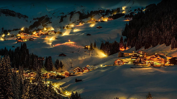 Winter, Schnee, Lichter, Dorf, Nacht, Abend, Natur, HD-Hintergrundbild