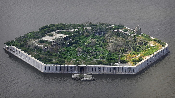 six-sided man-made island, architecture, island, forts, fortress, sea, wall, aerial view, abandoned, overgrown, tower, plants, trees, Baltimore, USA, ancient, hexagon, Fort Carroll, Patapsco River, HD wallpaper