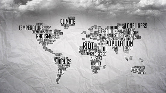 black and white map word cloud, typography, map, monochrome, clouds, paper, HD wallpaper HD wallpaper