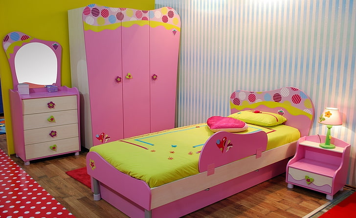 set seprai merah muda dan kuning, anak-anak, desain, cermin, interior, kamar, tempat tidur, lampu, bantal, Wallpaper HD