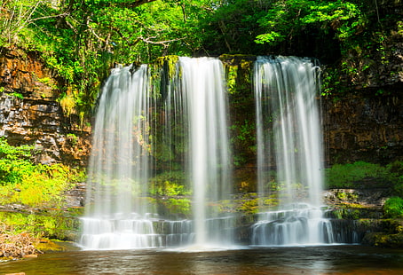 time-lapse photography of waterfall at daytime, Falling, time-lapse photography, waterfall, daytime, water  fall, Sgwd  yr  Eira, River, brecon  beacons  national  park, powys, wales, tree, long  exposure, nature, forest, stream, water, tropical Rainforest, beauty In Nature, scenics, freshness, outdoors, landscape, green Color, leaf, rock - Object, summer, flowing Water, HD wallpaper HD wallpaper