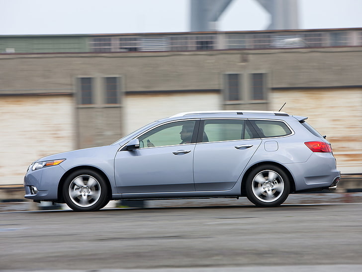 silver-colored stationwagon, acura, tsx, 2010, blue, side view, style, cars, speed, building, HD wallpaper